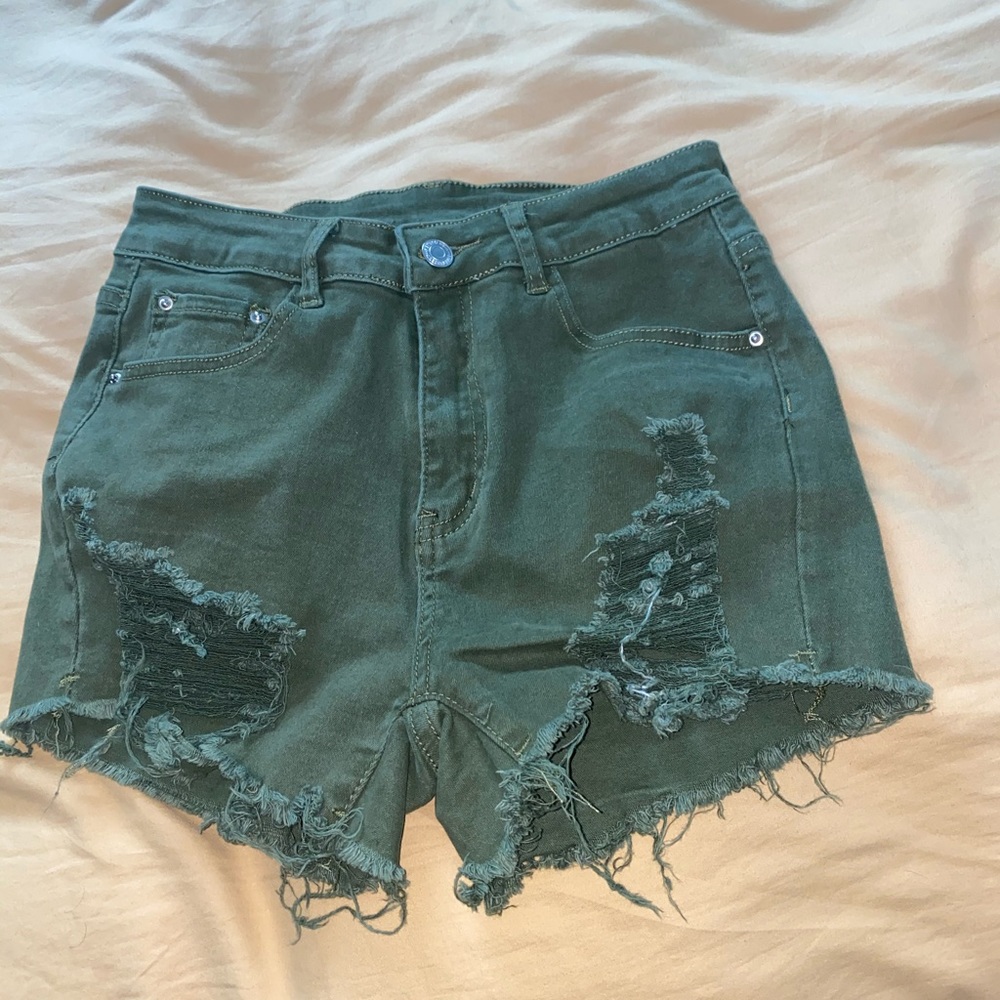 Navy Green Distressed Demin Shorts